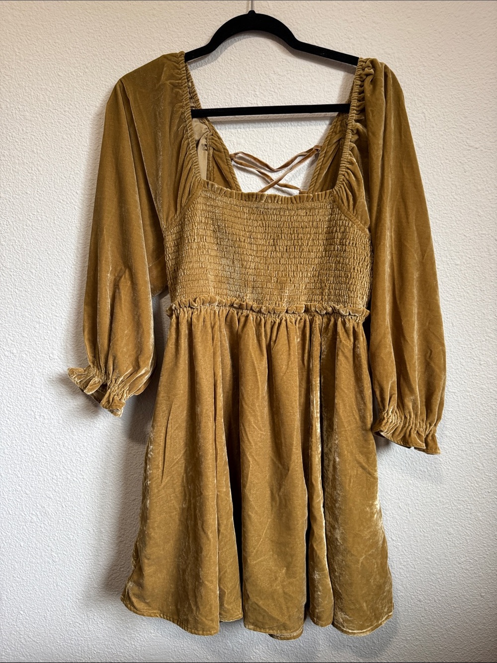 Free People Velvet Smocked Square-Neck crisscross back dress
